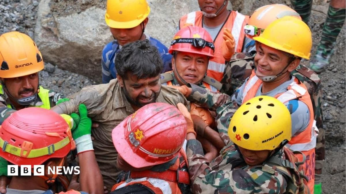 Two people rescued from Nepal hydropower tunnel more than a week after flash flood - BBC image